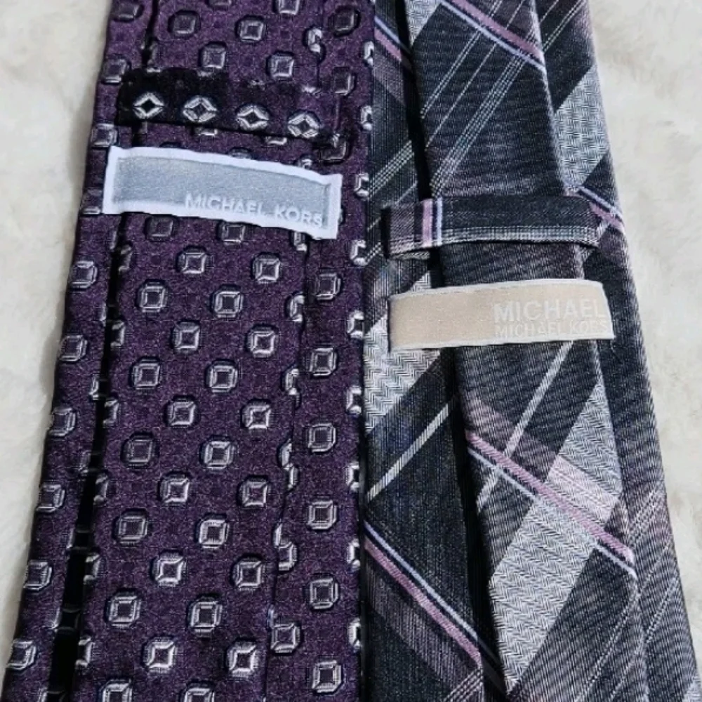 MICHAEL KORS Set Of Two Men's 100% Silk Ties Purple & Grey Geometric Design EUC